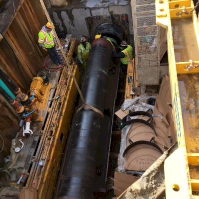 Nylon straps are used to lift 30" TR Flex in Norfolk, Virginia.