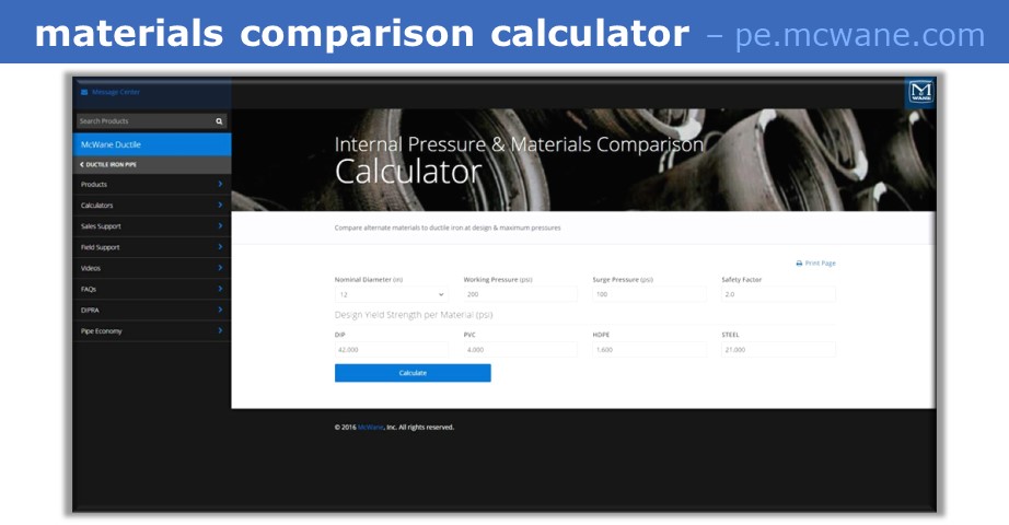 Materials comparison calculator