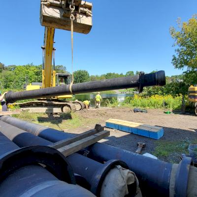 200-ft long 12" River-Crossing pipe installation by Silver Construction in Milo, ME