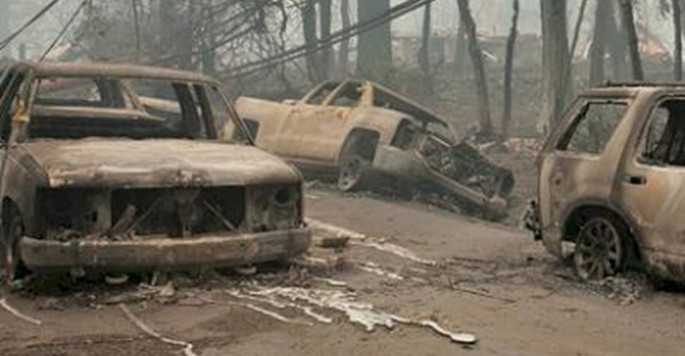 Heat from fires in Paradise, CA was high enough to melt the plastic on/in vehicles. Photo Source: PlasticNews.com